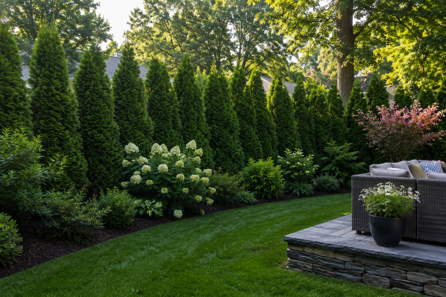 privacy screening with trees and shrubs
